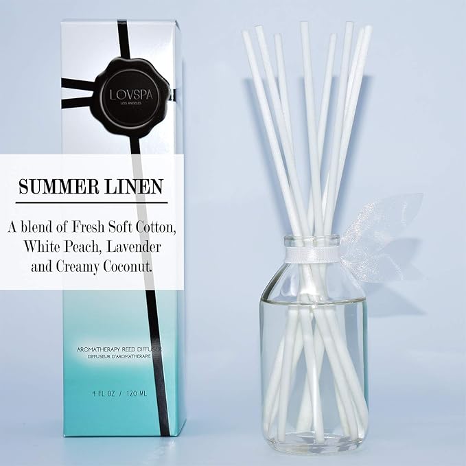 LOVSPA Summer Linen Reed Diffuser & Scent Sticks Gift Set - Fresh Soft Cotton, White Peach, Lavender & Coconut - Natural Essential Oils - Made in The USA