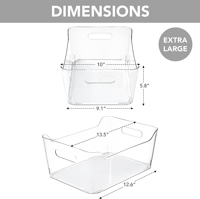 Tiawudi 4 Pack Plastic Storage Bins, X-Large Pantry Organizer, Clear Storage Containers and Organizer Bins, Multi-Use Bins for Home, Kitchen and Cabinet