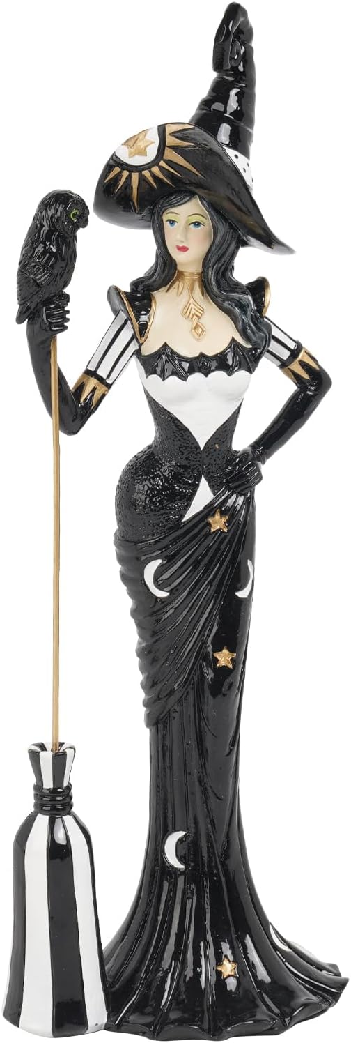 Newman House Studio Halloween Decoration Fairyland Witch Figurine - Magic Witch Holding Broom Dia De Los Muertos Day of Dead Resin Witch Statue Gothic Farmhouse Decor 4.25 * 3.5 * 12.75 in