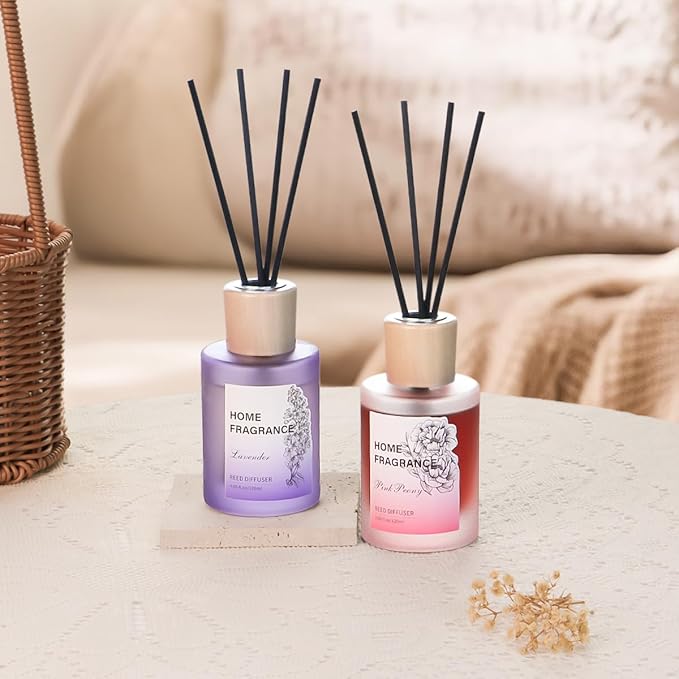 Reed Diffuser - Lavender&Pink Peony 4.06oz (120ml) 2 Packs Essential Oil Reed Diffuser Set with 16 Sticks, Long Lasting Fragrance for Home, Bathroom, Bedroom, Room, Decor