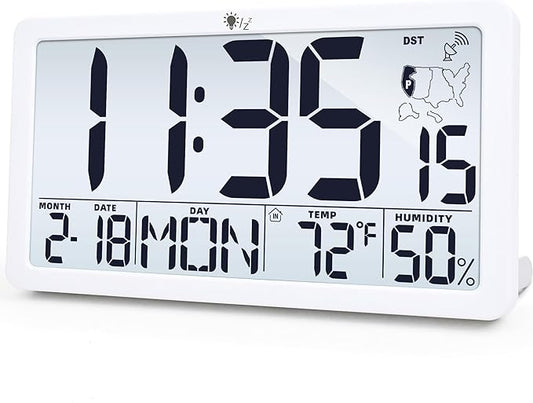 TXL Atomic Wall Clock with Backlight, Battery Operated Digital Wall Clock with Temperature, Humidity and Date, Large Display, Auto DST, 6 Time Zone(White)