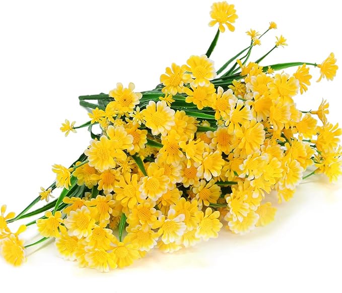 8 Bundles Artificial Daisies Flowers Outdoor UV Resistant Fake Foliage Greenery Faux Plants Shrubs Plastic Bushes for Window Box Hanging Planter Farmhouse Indoor Outside Decor(Yellow)