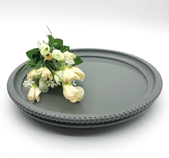 Round Wood Decorative Tray, Small Beaded Tray for Dresser Coffee Table Kitchen Corner Dinning Table, Modern Round Wooden Tray for Centerpiece (Gray, 13.4''X13.4'')