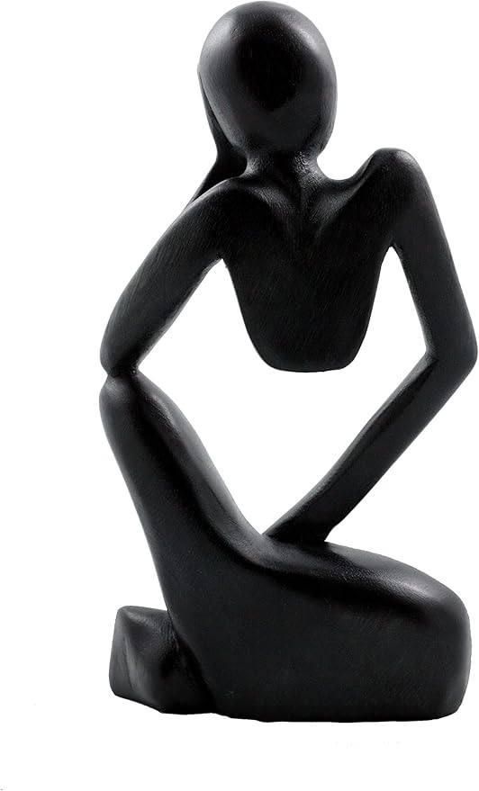 12" Wooden Handmade Abstract Sculpture Thinker Statue Handcrafted - Thinking Man - Gift Art Modern Decorative Unique Home Decor Figurine Accent Decoration Artwork Hand Carved (Black)