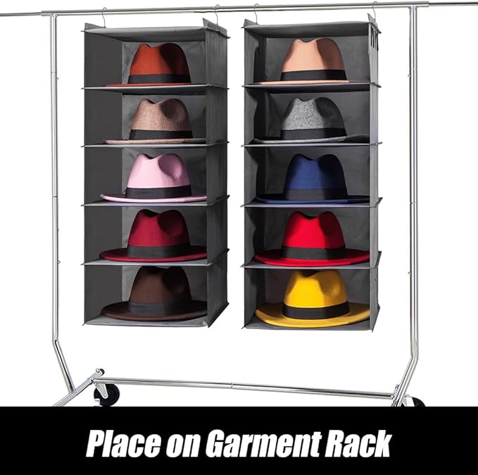 LADYBRO Hat Rack for Closet Hat Organizer, 10-Shelf Organizer for Fedora Trilby Hanging Storage Display Hanger Holder Caps Sunglass, Oxford Cloth Grey