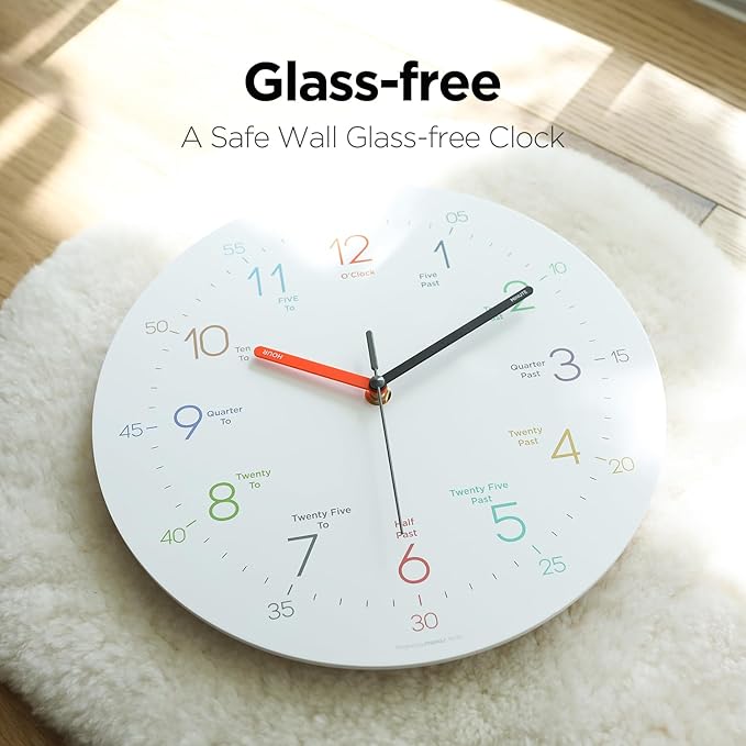 mooas Kids Easy Learning Flatwood Wall Clock,12" Wood Clock for Kids Learning Non-Ticking Sweep Movement Decorative Clock Battery Operated Wall Clock for Home Living Room Bedroom School