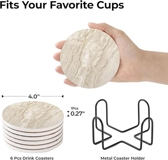 LIFVER Coasters Set of 6 Absorbent Drink Coasters with Holder, Marble Style Ceramic Thirstystone Coasters for Home Decor Coffee Table Protection, 4 Inches Suitable for Kinds of Cups Housewarming Gift