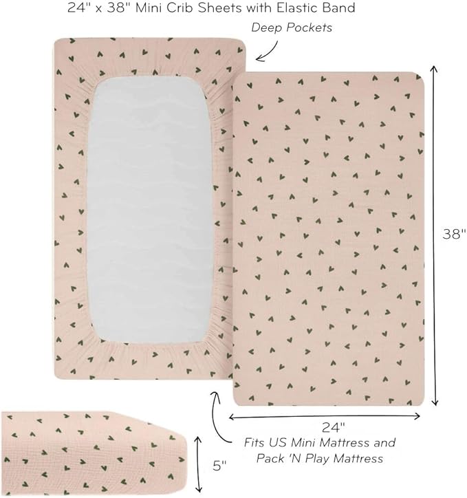 Denmark - Super Soft Muslin Mini Crib Sheets - 24'' x 38'' - 100% Organic Baby Crib Sheets for Boys and Girls (Green Hearts)