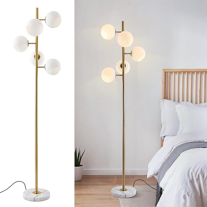 KCO Mid Century Modern Gold Floor Lamp 5 Globe Contemporary Brass Tall Free Standing Reading Lamp with White Glass Lampshade for Office Bedroom