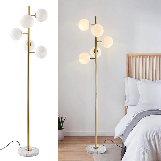 KCO Mid Century Modern Gold Floor Lamp 5 Globe Contemporary Brass Tall Free Standing Reading Lamp with White Glass Lampshade for Office Bedroom