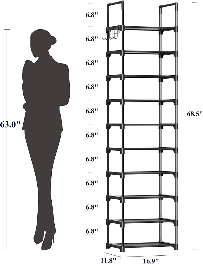 Kitsure Shoe Rack - 10-Tier Shoe Organizer with Detachable Fabric Shelves & Thick Metal Frame, Easy-to-Assemble Tall Shoe Rack for Closet, Entrance, Living Room, 16.9"×11.8"×68.5", Black