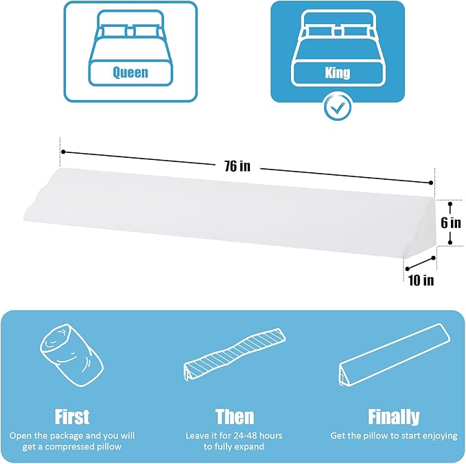 King Bed Wedge Pillow for Headboard, Foam Pillow Wedge for Headboard Gap, Mattress Bed Gap Filler King, Triangle Pillow Wedge, Anti-slip Bed Crack Pillow Space Filler King (76"×10"×6") White