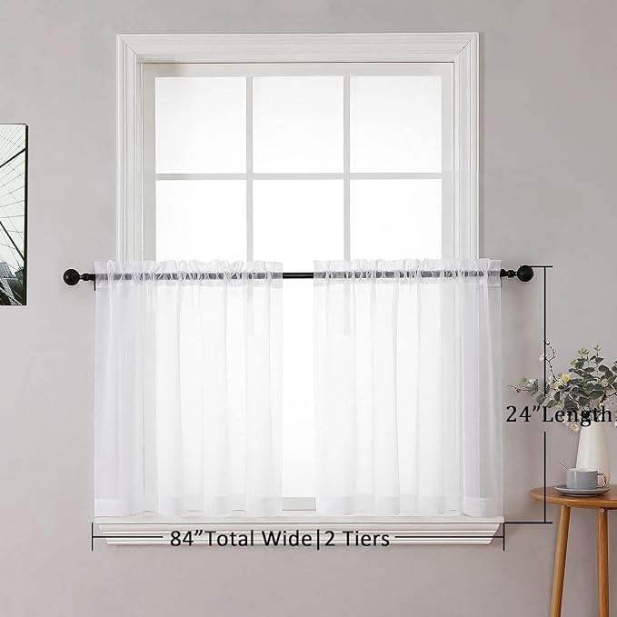 Aiyufneg White Sheer Valance for Window Curtains 24 Inch Length, Light Filtering Kitchen Valances, Small Voile Sheer Curtains for Living Room/Bathroom/Basement, Dual Rod Pocket, 2PCS, 40W x 24L Inch
