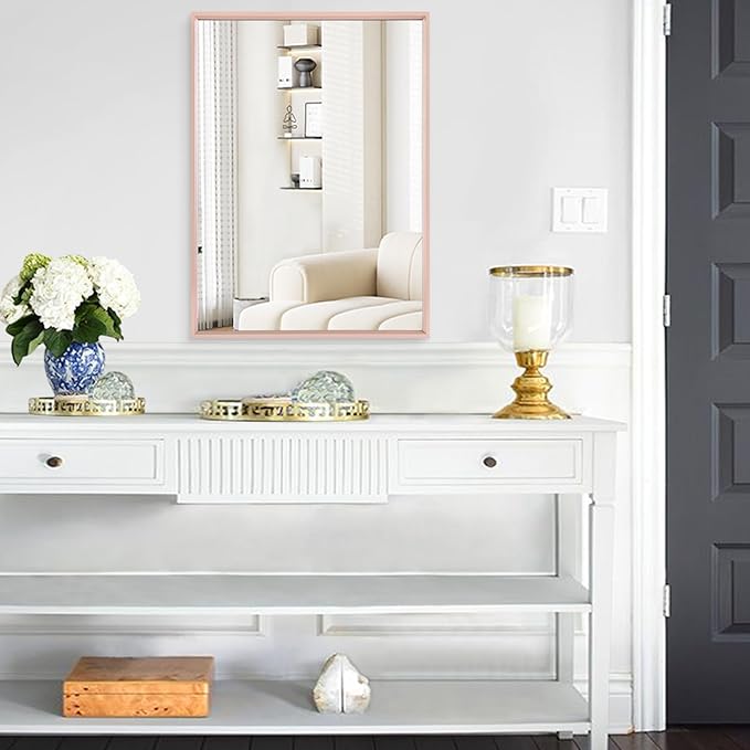 AAZZKANG Framed Mirror Rectangular Wall Mirror 28"x20" with Metal Frame for Bathroom Bedroom Living Room Entryway Decorative Mirror Home Decor Pink