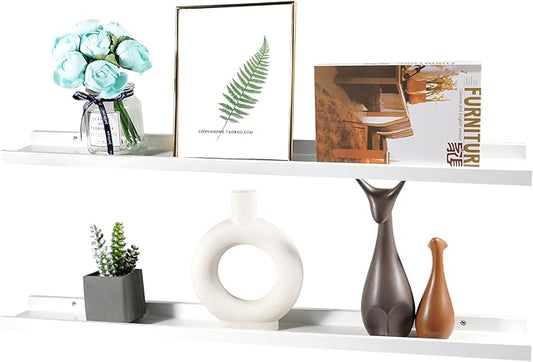 36 Inch White Floating Shelves Wall Mounted, 4'' Deep Solid Wood Wall Shelves for Decor and Storage, Picture Ledge Shelf for Bedroom/Bathroom/Living Room/Kitchen/Laundry Room, 2 Pack
