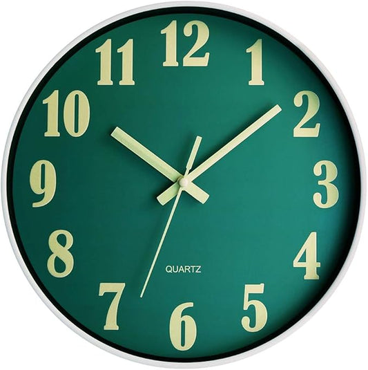 JoFomp Glow in The Dark Clock, 12 Inch Modern Silent Non Ticking Wall Clocks Battery Operated, Night Light Wall Clock for Living Room Decor, Wall Clock Decorative for Kitchen Bedroom (Green)