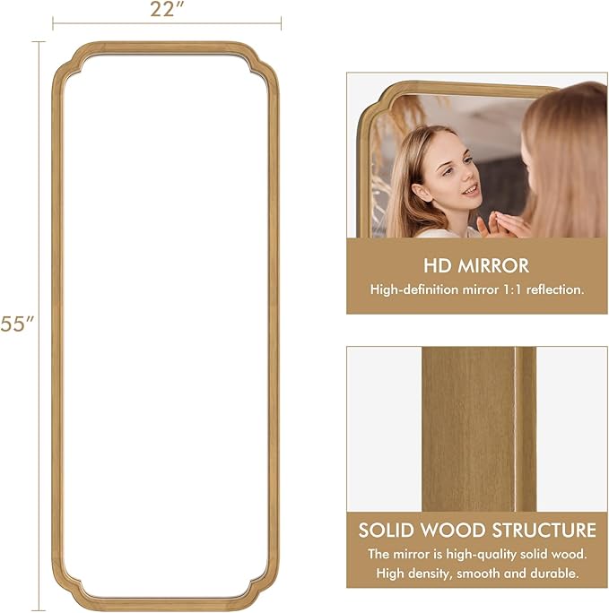 WallBeyond Full Length Mirror Wall Mounted 55"x22", Rustic Wooden Frame Floor Mirror, Large Full Body Mirror for Bedroom, Leaning or Hanging Against Wall (Naturl Solid Wood)