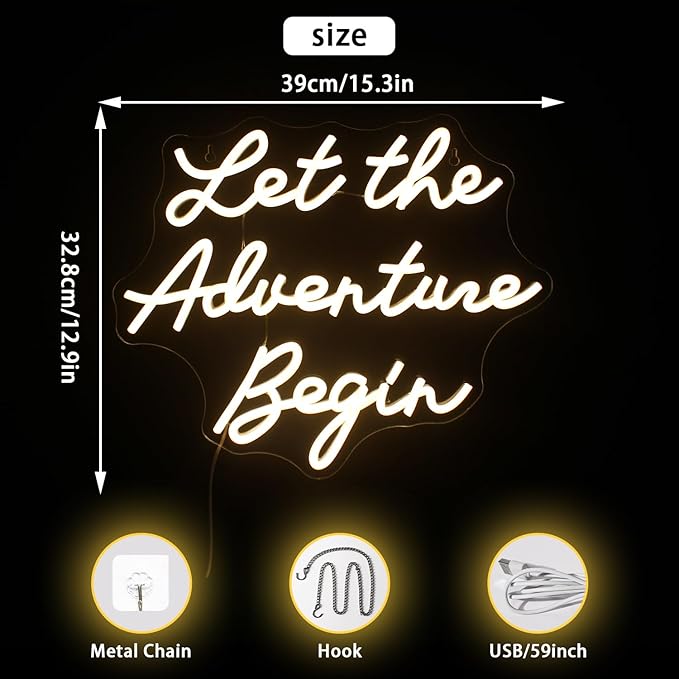 NOSUN Let The Adventure Begin Neon Sign, Warm White Neon Signs for Wall Decor, Dimmable Let's Party Led Sign, Funny Neon Lights for Bedroom Home Club Bar Wedding Engagement Birthday Party Decor
