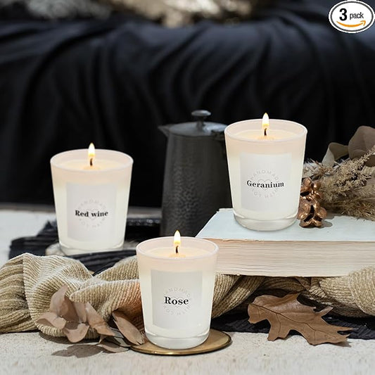 Candles for Home Scented, 3 Pack White Glass Jar Candles, Roses, Red Wine, Geranium Candles, Aromatherapy Candle Set for Stress Relief or Best Gift