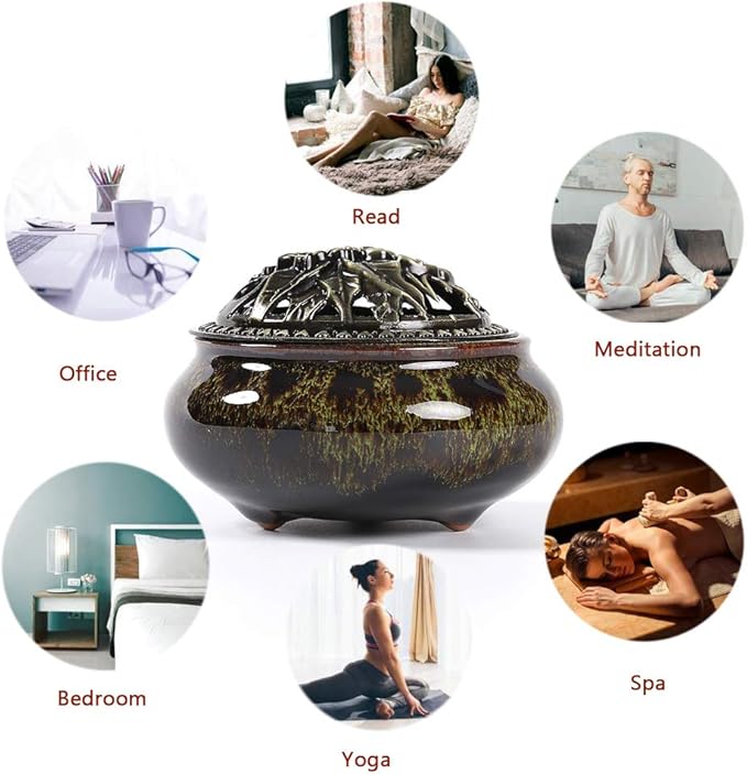 Ceramic Incense Burner with Incense Stick Holder + Insulation use for Stick or Coil Incense, Sage Cones and Frankincense (Fambe Green)