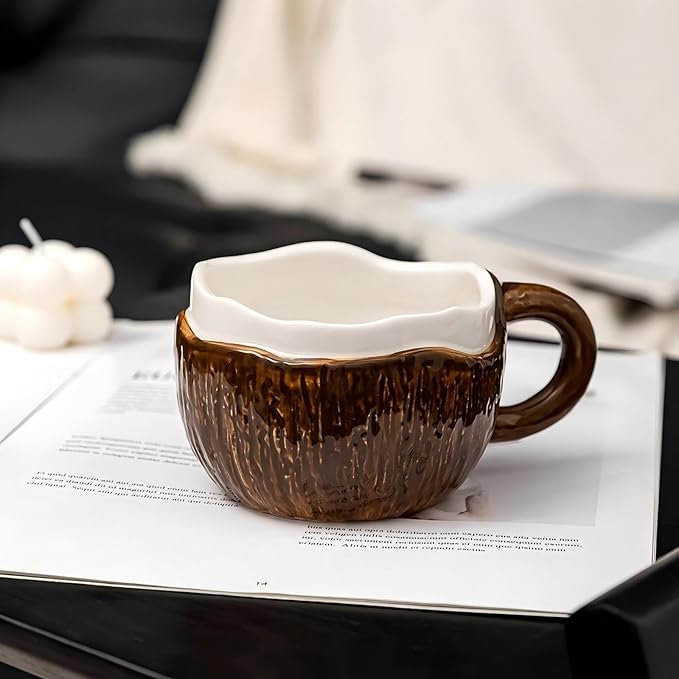Ceramic Coffee Mug With Spoon, Coconut Cup, Novelty Mugs, Aesthetic Cups, Elegant Gift for Home Office, About 8.5-10 oz