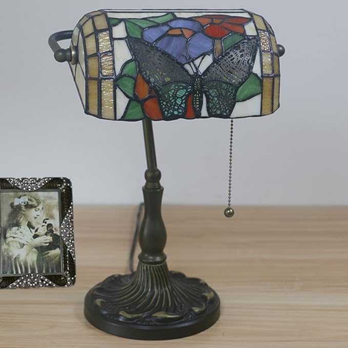 Tiffany Style Bankers Table Lamp Stained Glass Piano Desk Lamp Vintage Bedroom Bedside Lamp for Study,Antique Alloy Base,Zipper Switch,Butterfly