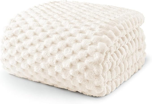 Exclusivo Mezcla Queen Size Soft Fleece Blanket, 90x90 Inches Stylish Jacquard Velvet Blanket for Bed, Fuzzy Cozy Lightweight for All Season, Ivory
