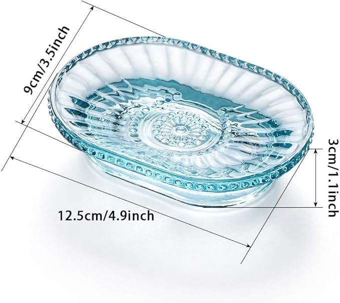 MDLUU Glass Soap Dish, Embossed Bar Soap Holder, Decorative Soap Saver Tray, Vintage Bar Soap Dish for Shower, Bathtub, Bathroom Sink, Kitchen Sink, Pack of 2 (Blue)