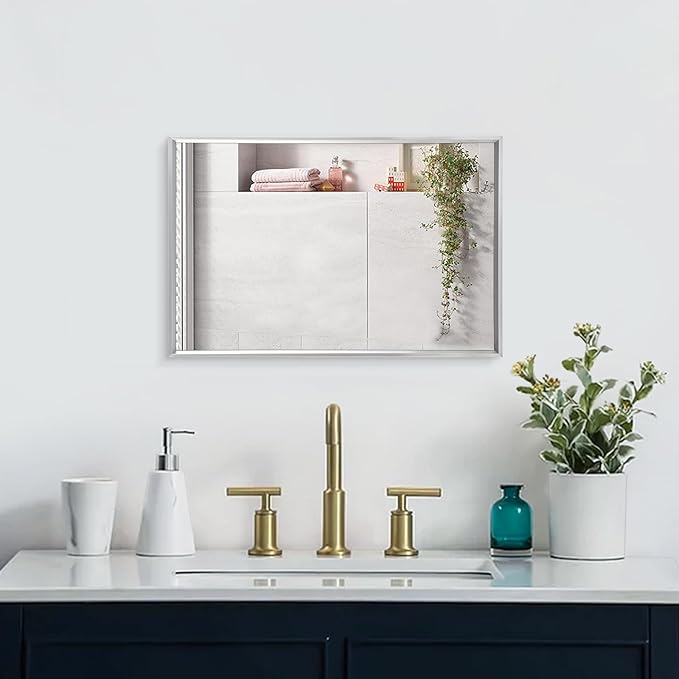 AAZZKANG Metal Frame Mirror Rectangle Wall Mounted Mirrors Decorative Modern for Bedroom Bathroom Living Room Vertical or Horizontal Silver 20"x16"