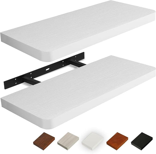 Floating Shelves for Wall, Wood Shelves with Invisible Brackets for Bathroom, Living Room, Bedroom and Kitchen, Long Wall Shelf for Books/Storage/Room Decor, 36 Inch, Set of 2, White