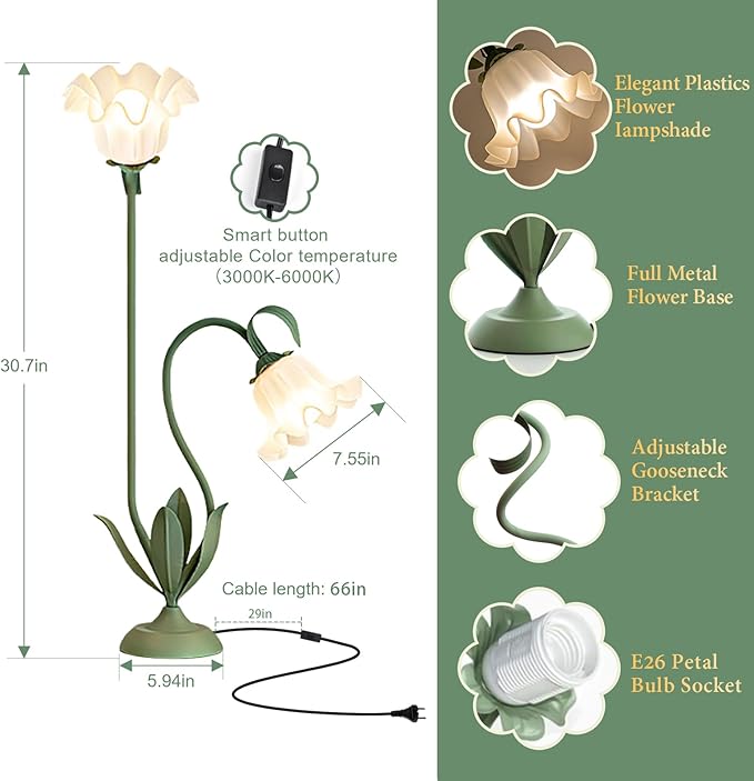 Cute Flower Table Lamp, Bedside Vintage Flower Lamp with LED Bulb, 3 Colors Temperature Reading Light, Table Lamp for Bedroom Living Room Lighting Desk Lamps Home Decoration(Green)