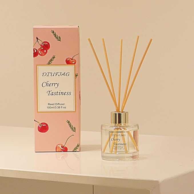 100ml Scent Diffuser with 6 Fiber Sticks, 3.5 oz Reed Diffuser Set Aromatherapy Fragrance Diffusers Air Fresheners for Home Bedroom Bathroom (Cherry)