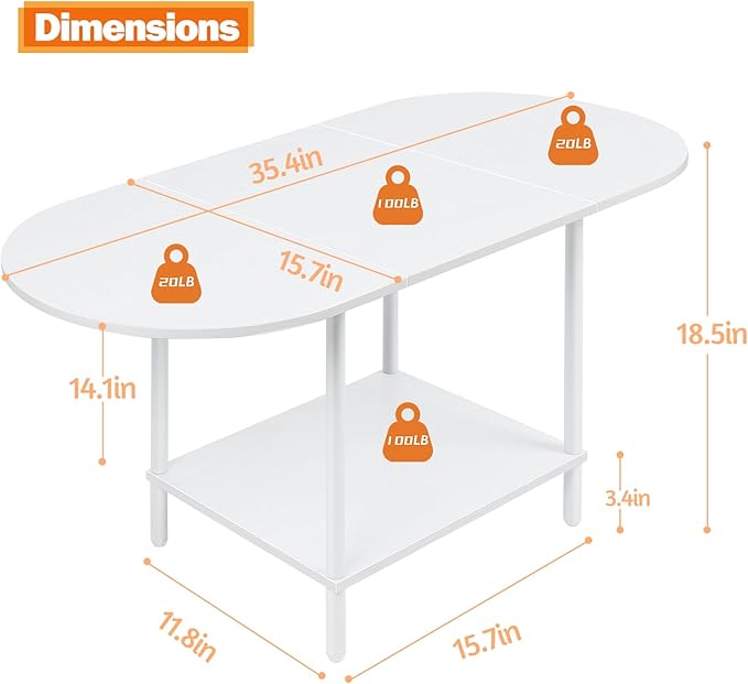 White Coffee Tables for Living Room,2-Tier Small Coffee Table Industrial Modern Oval Center Table with Storage Shelf and Wood Tabletop,for Small Space,Home Office