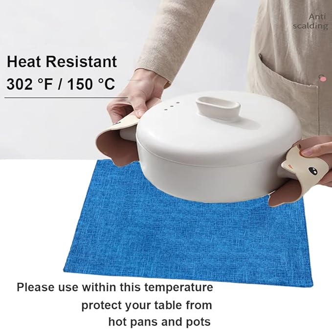 Weabetfu Cloth Placemats Set of 6 Heat Resistant Dining Table Placemmats Cotton Linen Machine Washable Kitchen Table Mats Wrinkle Free Thick Fabric Place Mats,Easy to Clean,13" x 19" Blue