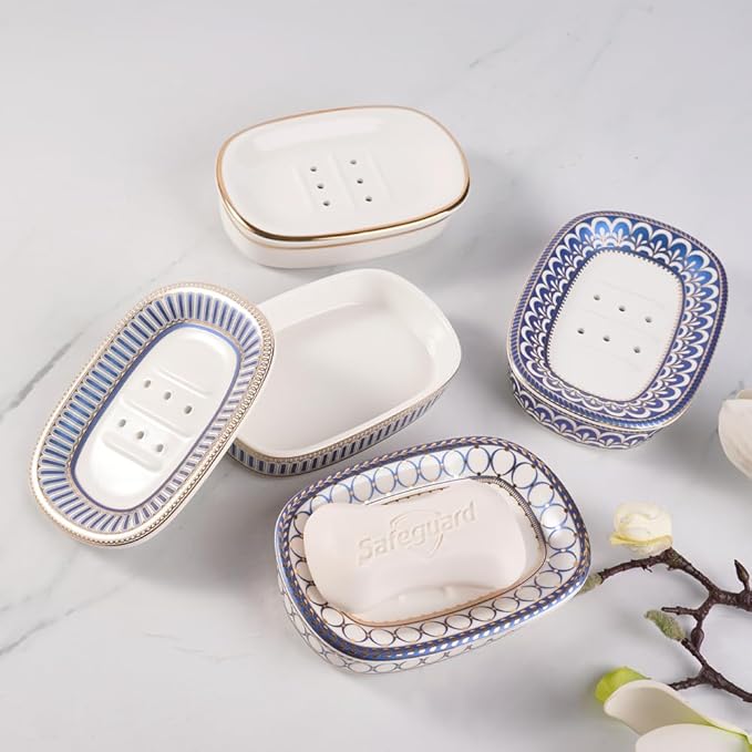 Self Draining Soap Dish, Double-Layer Bar Soap Tray, White Ceramic Soap Dish with Elegant Patterns (Style C)