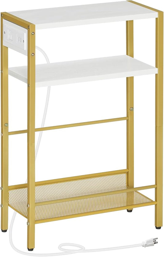 HOOBRO Small Narrow Side Table with Charging Station, Skinny End Table for Small Spaces, Slim Nightstand with USB Ports Outlet, Sofa Beside Table with Storage Shelf, White and Gold DW102UBZ01