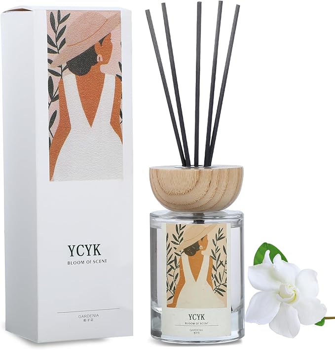 Reed Diffuser Set, 4oz(120ml) Jasmine&Gardenia Natural Scent Oil Diffusers Home Fragrance with Reed Diffuser Sticks for Home Office Bathroom Aromatherapy Decor