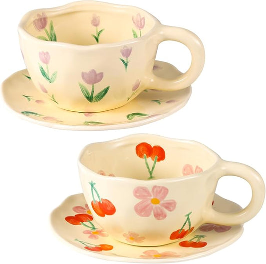 Cappuccino Cup with Saucers Set of 2 Ceramics Coffee Mugs 8 oz Latte Art Cup Vintage Aesthetic Flower Barista Cups for Americano, Tea, Espresso,Mocha, Milk - Microwave and Dishwasher Safe