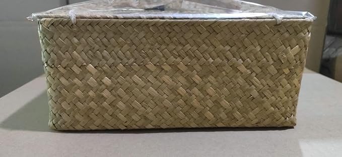 Wicker Storage Basket with Lid, Seagrass Storage Bins with Lids, Rectangular Handwoven Shelf Baskets with Lid for Home Organizer, Rattan Decorative Box for Clothes, Groceries, Snacks (L)