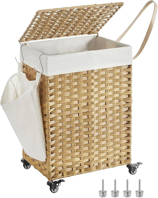 SONGMICS Laundry Hamper with Lid, 31.7 Gallons (120 L), Rolling Laundry Basket with Wheels, Synthetic Rattan, Removable Liner, Bedroom, 18.1 x 15.7 x 26 Inches, Natural Color ULCB161Y01