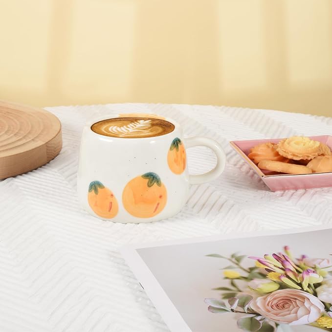 Koythin Ceramic Coffee Mug, Cute Fruits Creative Mugs Design, Printed Flowers Cup for Office and Home, 10 oz/300 ml for Latte Tea Milk (Persimmon)