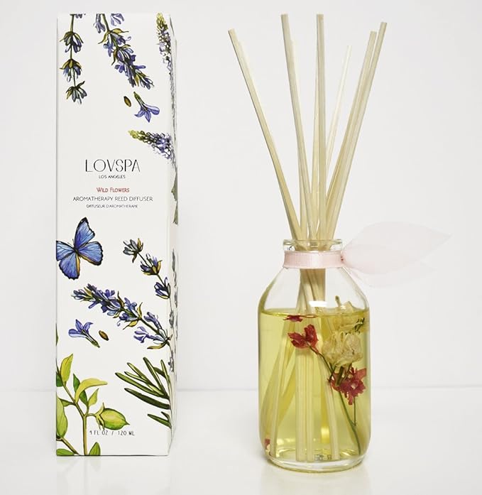 LOVSPA Wild Flowers Reed Diffuser Set - Rose, Jasmine, Sweet Pea & Dark Amber Scent Diffuser - Non-Toxic Oil Reed Diffuser - Made in The USA