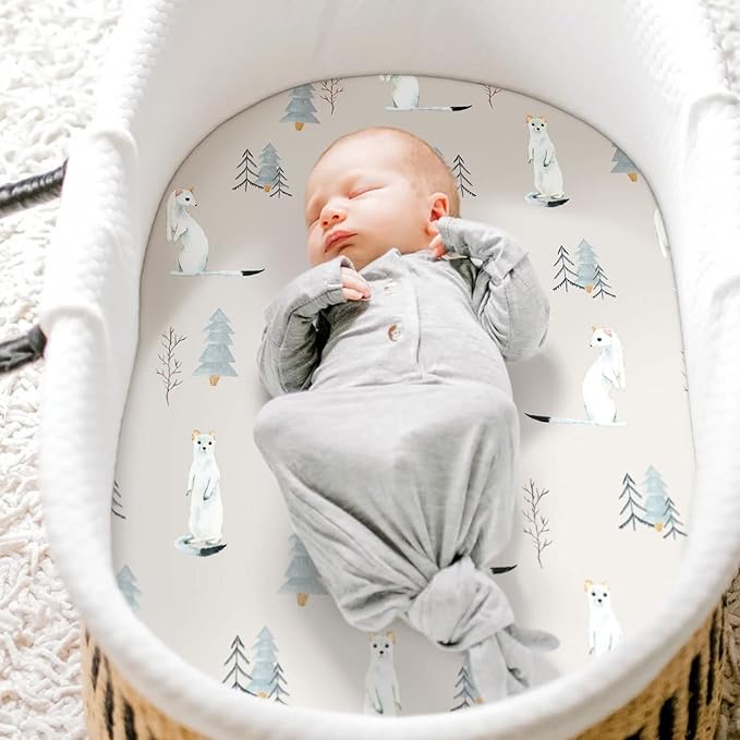 GRSSDER Stretchy Ultra Soft Fitted Bassinet Sheet Set 3 Pack, Universal Fit for Bassinets Baby Cradle Moses Basket Oval Rectangle Mattress Snug and Safe, Cute Wild Forest Mongooses for Baby