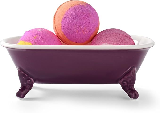 6.5" Ceramic Mini Decorative Clawfoot Bathtub Bar Soap Dish, Kitchen Sponge Holder and Shower Tray for Bathroom, 1 Pack(Plum)