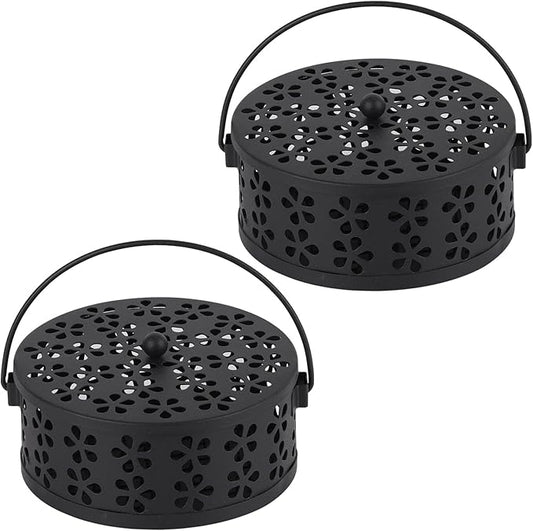 Portable Iron Mosquito Coil Holder with Handle Round Heat-Resistant Incense Holder for Home Office Camping (Black, 2Pack)