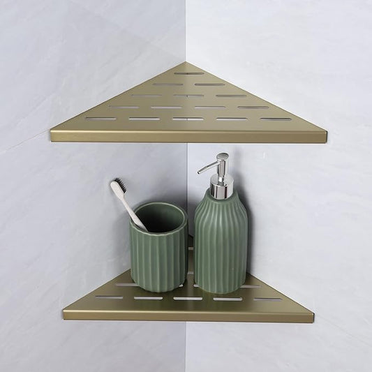 10" Corner Shower Shelf, 2-Pack Bathroom Shelves for Tile Walls, SUS304 Stainless Steel Recessed Shower Shelf, Grout in Corner Organizer Shelves, Brushed Gold