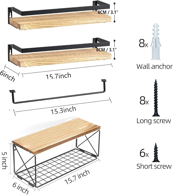 Bathroom Shelves with Wire Storage Basket, Floating Shelves Over Toilet with Protective Metal Guardrail, Wall Shelves for Bedroom, Living Room, Kitchen and Bathroom Toilet Paper