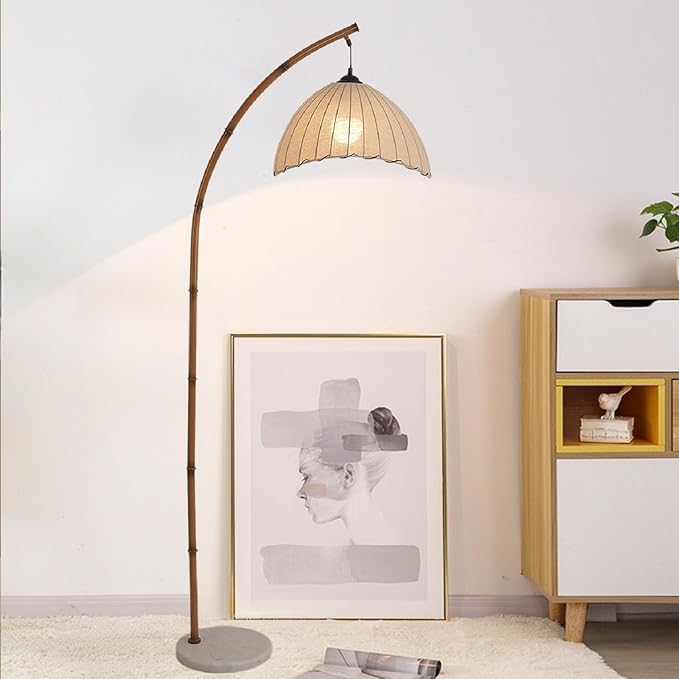 Retro Floor Lamp Unique Bamboo Color Floor lamp Bohemian Hanging Arc Floor Lamp with Antique Rattan Style Vertical Standing tall Lamp for Bed Room Farmhouse Study Living Room Indoor decoration