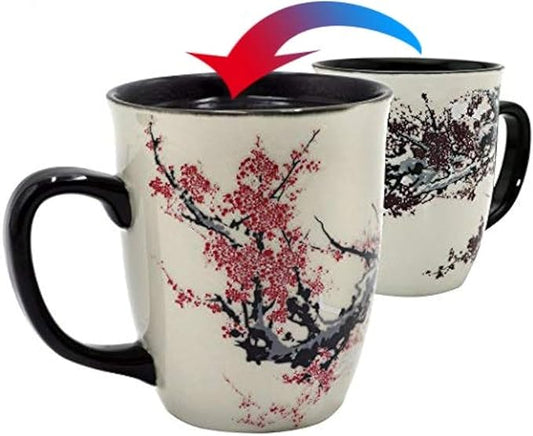 Color Changing Heat Sensitive Magic Funny Art Mug Large Coffee Tea Plum Blossom Porcelain Mugs for Women Mom grandma Gifts 16oz Black Change Glow Red Cups
