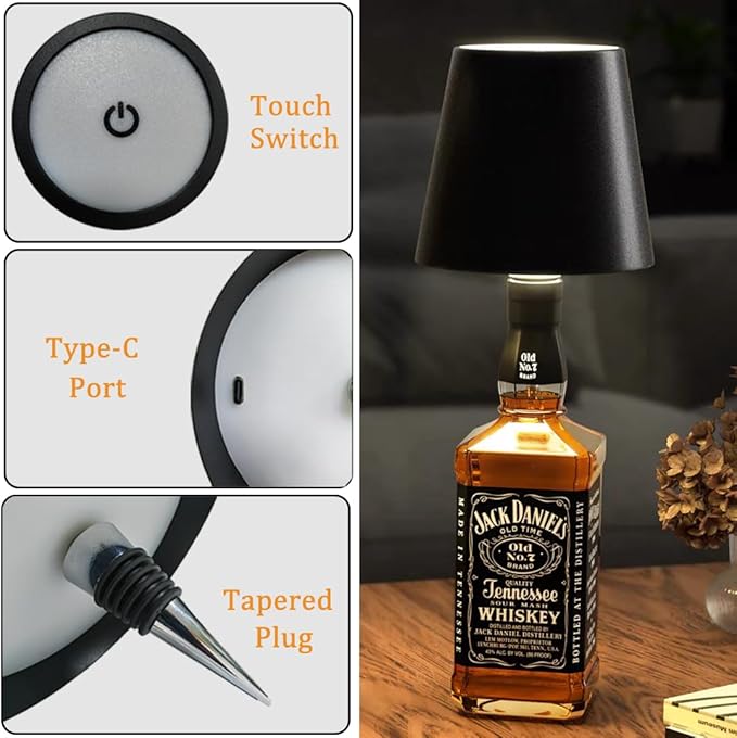 Rechargeable Wireless Bottle Lamp, LED Wine Bottle Light Ambient Light for Desk Table Bar Decor, Wireless Bottle Lamp Shade for Whiskey Wine Liquor Bottle, Black